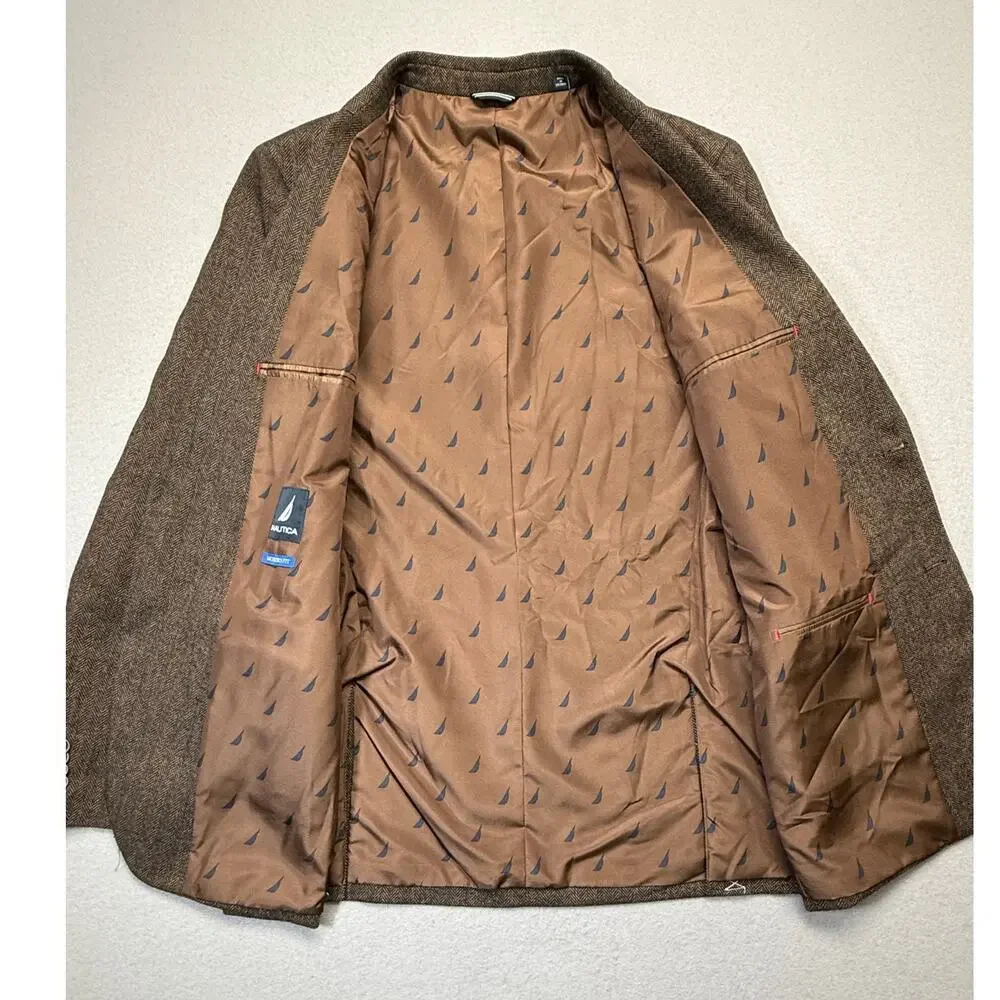 Nautica Men's Modern-Fit Solid Herringbone Tweed Sport Coat Brown 44L $295